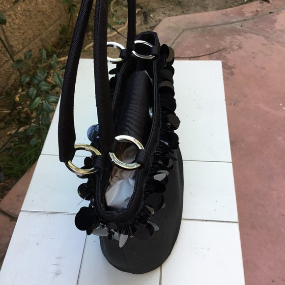 Talbots Black Ribbed Satin Hard Shell Tote Handbag w Paillette Sequins - Picture 4 of 9